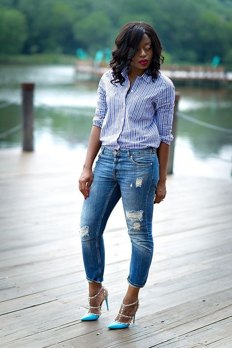 Jadore Fashion, Navy Striped Shirt, Town Center, Girlfriend Jeans, Valentino Rockstud, Great Week, Live Colorfully, Fashion Board, Fashion Bloggers