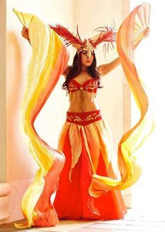 The Fans!  Perfect for fire! Fire Inspired Dress, Flame Costume, Aries Goddess, Phoenix Dress, Goddess Of Fire, Phoenix Costume, Fire Costume, Fire Dress, Fire Goddess