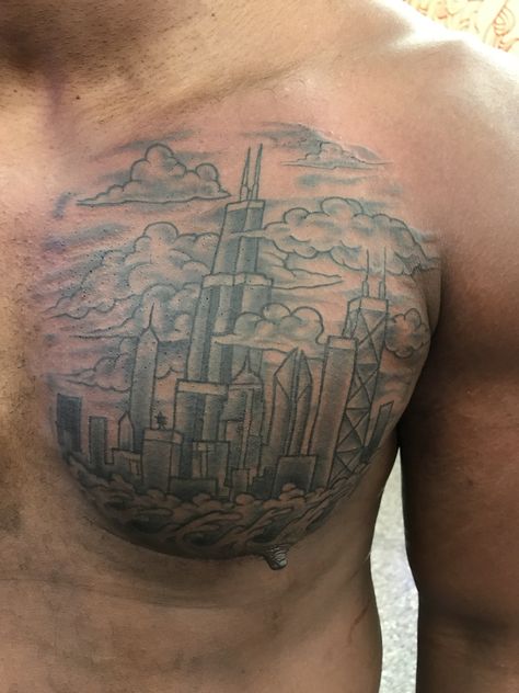 Chicago Skyline Chest tattoo coverup Chicago Tattoo Ideas, Chest Tattoo Cover Up, Chicago Skyline Tattoo, Building Tattoo, Skyline Tattoo, Chicago Tattoo, Chest Tattoo Men, Full Sleeve Tattoos, Chicago Skyline