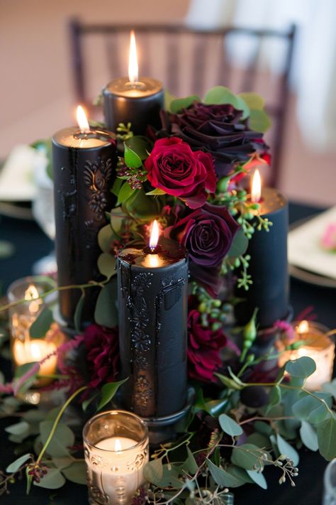 Create a dramatic ambiance with moody wedding centerpieces in rich colors and textures. Get inspired here. New Orleans Wedding Theme Receptions Centerpiece Ideas, Western Halloween Wedding, Wedding His And Her Table, Dark Romantic Home Aesthetic, Dark Rustic Wedding Decor, Gothic Wedding Ideas Decor, Goth Winter Wedding, Fall Diy Wedding Decorations, Burgundy And Black Wedding Decorations