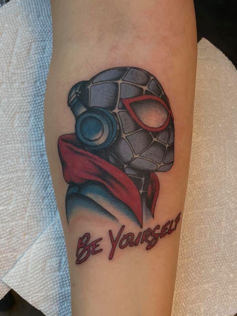 Tattoo designs | Got this AMAZING Miles Morales tattoo the other day in Nashville 🥰 done by Adam Jackson @ Safe House Tattoo Spider Man Tattoo Miles Morales, Spiderman Across The Spider Verse Tattoo Ideas, Spiderman Miles Morales Tattoo Ideas, Miles Morales Spiderman Tattoo, Miles And Gwen Tattoo, Miles Morales Tattoo Ideas, Miles Morales Tattoo, Nah Ima Do My Own Thing Miles Morales, Miles Tattoo