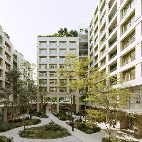 61-SVP — Plan Común Social Housing Architecture, Urban Courtyards, Collective Housing, Urban Housing, Plans Architecture, Stone Facade, Urban Fabric, Social Housing, Natural Ventilation