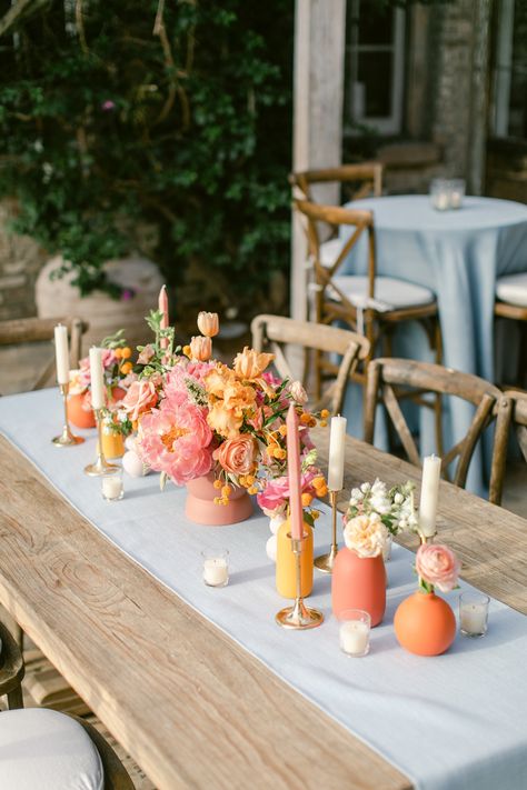 Perfection= THIS TABLE! Bright Wedding Flowers. Wedding Florist. Centerpieces. Floral Arrangments. Event Decor. New Orleans Weddings. Lifestyle Florist. Doris Ione. Bright Flower Centerpieces Wedding, Colorful Summer Centerpieces, Spring Summer Table Decor, Small Colorful Centerpieces, Girly Table Settings, Bright Flower Table Arrangements, Trader Joes Wedding Centerpieces, Coral And Orange Wedding, Summer Wedding Flowers Table Decor