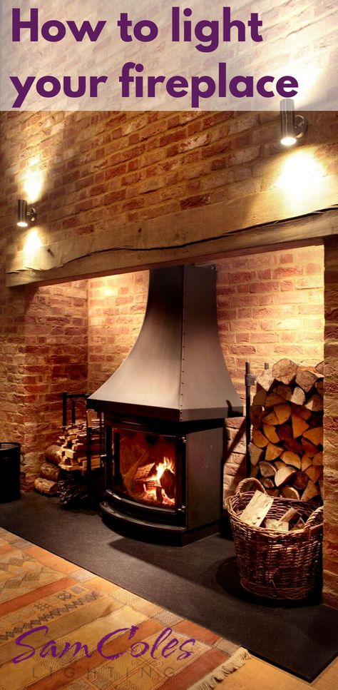 How to use lighting to draw attention to a beautiful fireplace and chimney breast. Check out the tips in my blog. Inglenook Fireplace Lighting, Lights For Fireplace, Brick Inglenook Fireplace Ideas, Brick Chimney Breast, Fireplace Lighting, Brick Chimney, Inglenook Fireplace, Chimney Breast, Cottage Living Rooms