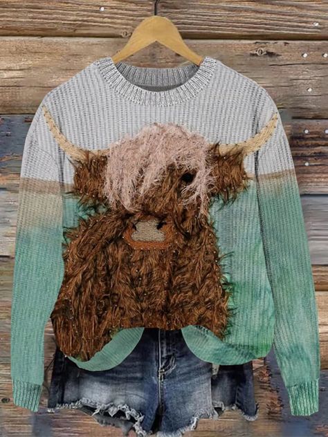 Vchics Cow Cute, Cozy Knit Sweater, Cozy Knit, Cozy Knits, Highland Cow, Western Style, Cute Pattern, Blue Sweaters, Western Fashion