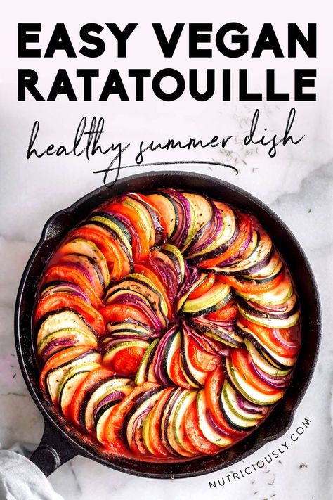 This is the prettiest way to eat your summer vegetables! Traditional French baked ratatouille made with zucchini, eggplant, tomato and onion, perfectly roasted and bursting with aromatic herbs. A simple and easy plant-based weeknight dinner that's naturally gluten-free, oil-free, family-friendly and works for weight loss! We love this healthy baked ratatouille tian stuffed with vegetables and essential nutrients. Great summer side dish or year-round main when served with millet or potatoes. Vegan Ratatouille, Baked Ratatouille, Ratatouille Recipe, Vegan Cheese Sauce, Summer Vegetables, Vegetable Casserole, Veggie Delight, Healthy Baked, Summer Vegetable