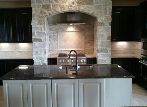 Stone Arch Over Stove, Arch Over Range, Stone Kitchen Design, Kitchen With Stone, Island With Sink, Range Kitchen, Counter Lighting, Farm Dream, Brick Archway