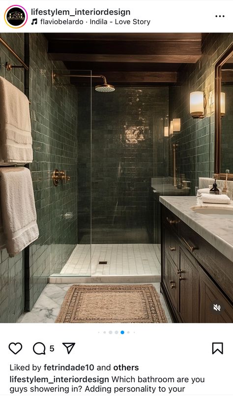 Juniper Tile Bathroom, Chocolate Tiles Bathroom, Green Bathroom Brown Cabinets, Green Tiled Shower Ideas, Olive Green Tile Bathroom, Dark Green Shower Tile, Brown And Green Bathroom, Dark Green Tile Bathroom, Color Drenched Bathroom