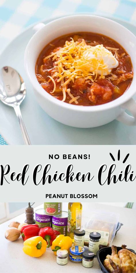 Chicken Chili No Beans, Red Chicken Chili, Best Chicken Chili, Chili With No Beans, Red Chicken Chili Recipe, Chili No Beans, Salsa Soup, Guy Food, Chicken Chili Recipe Easy