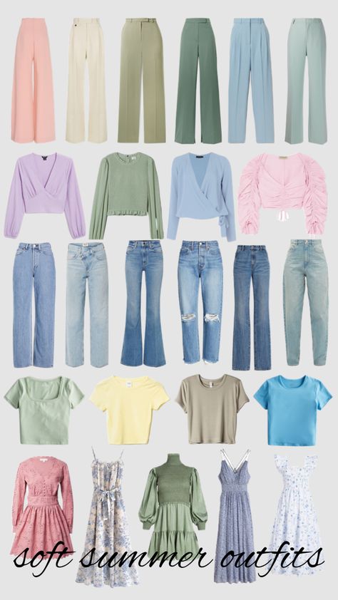 Cold Summer Palette Outfit, Summer Soft Aesthetic, Light Summer Soft Dramatic, Fair Soft Summer Outfits, Soft Summer Beachwear, Light Spring Style Outfit Ideas, Soft Summer Pallette, Soft Summer Season Outfits, Soft Summer Clothing Palette