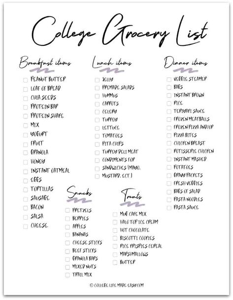 Trying to put together a college grocery list and not sure where to start? Check out this one for student's on a budget. There's a free printable included in the post! #college #collegelife #collegedorms #food #budget #frugal #grocery #grocerylist #printable #printables Grocery List Healthy For One, College Apartment Grocery List, College Food List, Healthy Food For College Students, Grocery List Snacks, Budget Grocery List For One, University Grocery List, College Dorm Food Ideas Grocery Lists, College Dorm Grocery List