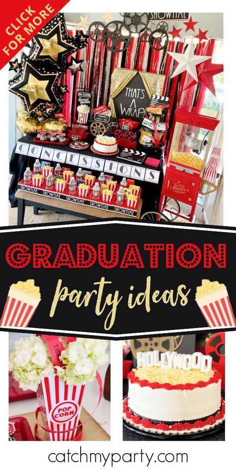 Class Movie Party, Movie Themed Graduation Party, Thats A Wrap Graduation Party, 5th Grade Graduation Themes, Movie Star Party Theme, Graduation Party Movie Theme, Theater Theme Grad Party, Hollywood Preschool Graduation, Graduation Movies