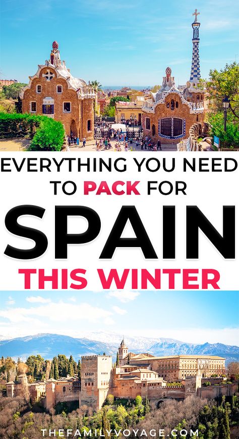 Are you visiting Spain this winter? SAVE this pin for later, and then CLICK to find your complete packing list for Spain in December, January and February... from clothes to shoes and more! We'll help you figure out what to wear in Barcelona, Madrid, Sevilla and more, what to pack for Spain aside from clothes and more. CLICK over for all the details now for your Spain packing list and Spain travel essentials. travel to Spain | #Spain #Barcelona #Madrid #Seville #Valencia #Grenada #packinglist #p Packing List For Spain, What To Pack For Spain, Spain In December, Pack For Spain, What To Wear In Barcelona, What To Wear In Spain, Spain In Winter, Winter Vacation Packing List, Spain Packing List