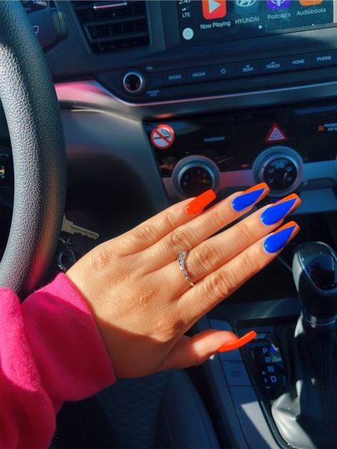 Royal Blue And Orange Nail Designs, Neon Orange And Blue Nails, Orange And Royal Blue Nails, Dark Blue And Orange Nails, Royal Blue And Orange Nails, Navy Blue And Orange Nails, Blue And Orange Nail Ideas, Orange And Blue Nails Design, Orange Blue Nails