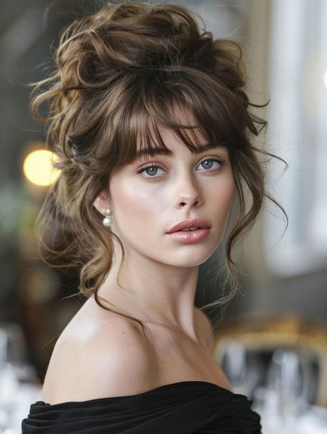 36 Wispy Bangs Hairstyle Ideas for All Hair Lengths Wedding Hair Bangs Updo, Elegant Christmas Hairstyles, Wedding Guest Hairstyles For Long Hair With Bangs, Wedding Hairstyles For Bangs, Whispy Updo, Prom Hairstyles Bangs, Formal Updo With Bangs, Bridal Hairstyles With Bangs, Wedding Updo With Bangs