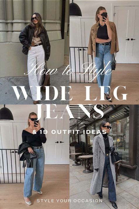 Wide leg jeans are my favorite women’s fashion trend for 2025! In this post, I’m sharing tips on how to style wide leg jeans for women. These chic and casual wide leg jeans outfit ideas work perfectly for fall, winter, work, or casual looks. Whether you love high rise, black, high waisted, or white wide leg pants, I’ve got outfit ideas for you. Women’s jeans outfit ideas and baggy jeans outfits women, women's denim outfits Wide Leg Raw Hem Jeans Outfit, Boho Wide Leg Jeans Outfit, Wide Leg Carpenter Jeans Outfit, Pleated Wide Leg Jeans Outfit, Gray Washed Jeans Outfit, Tennis Shoes With Wide Leg Jeans, How To Pair Wide Leg Jeans, Wide Legged Jeans Outfit Winter, Wide Leg Levis Outfit