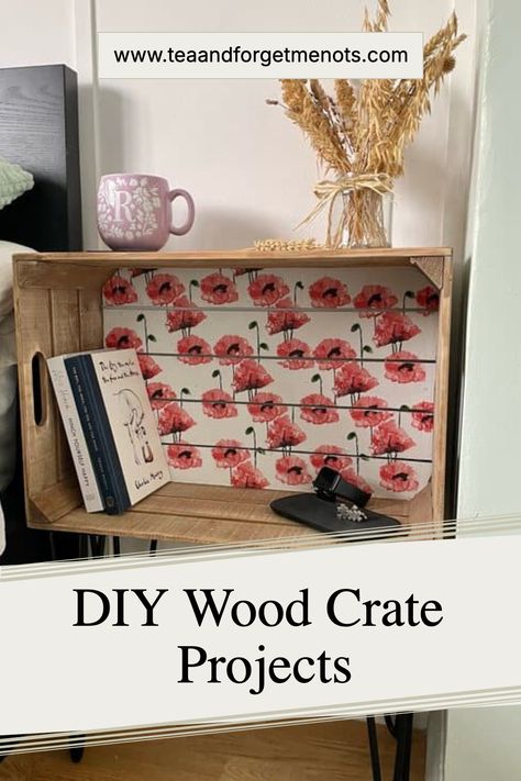 DIY Wood Crate Projects Wood Crate Projects, Wooden Crate Nightstand, Wood Crate Bookshelf, Uses For Wooden Crates, Wooden Crate Ideas, Wooden Crates Nightstand, Diy Crates, Crate Shelving, Wood Crate Diy