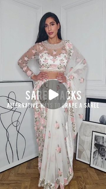 My Trousseau | Bespoke Indo-western Bridal Wear on Instagram: "S A R E E H A C K S 💕 Alternative ways to drape a saree.. perfect for showing off your blouse! Bridal Saree - My Trousseau Heirloom Collection (Mid-Bridal Range) Designed, developed and hand crafted in-house @mytrousseau www.mytrousseau.co.uk hello@mytrousseau.co.uk (+44) 20 3602 5339 Song - I know what you want | Busta Rhymes x Sherine #indianfashion #indianbride #pakistanibride #weddingblog #desistyle #desifashion #desibride #desicouture #mytrousseau #bridalwear #bride #bridalfashion #bridal #southasian #indowestern #bridallehenga #weddinglehenga #hautebride #indianwedding #lehenga #lengha #bespoke #couture #weddingdiaries #saree #weddingsaree #bridalsaree #sari" Saree Pallu Draping Styles, Indowestern Saree Draping, Indo Western Saree Look, Indo Western Saree Drape, Ways To Drape A Saree, Drape Saree Indo Western, Drape A Saree, Indowestern Saree, Indo Western Saree