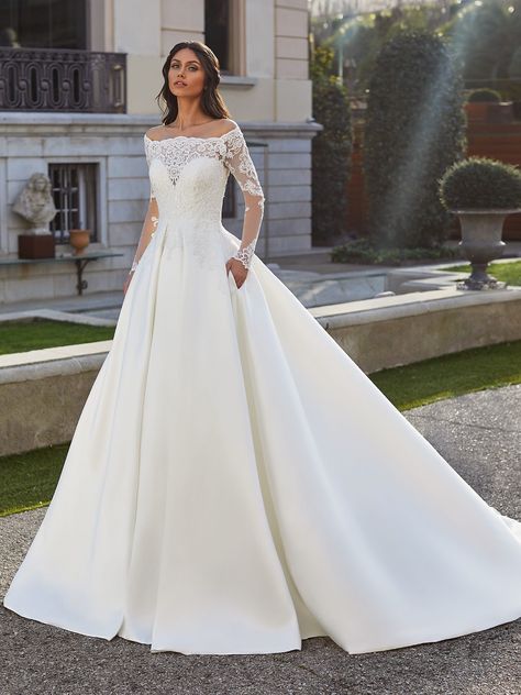 Long-sleeved princess wedding dress in Mikado with wraparound neckline Pronovias Wedding Dress, Pretty Wedding Dresses, Couture Wedding Gowns, Princess Wedding Dress, Princess Wedding Dresses, Long Sleeve Wedding, Princess Wedding, Modest Wedding Dresses, Long Wedding Dresses