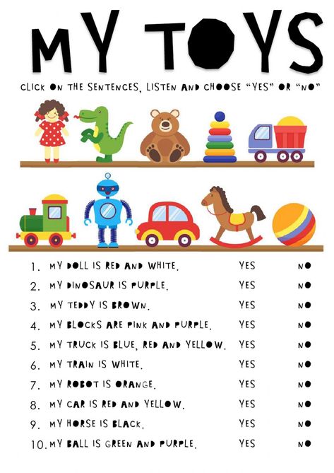 My toys - Ficha interactiva My Toys Activities, English First Grade Worksheets, Toys And Colors, English First Grade, Toys Pictures, Toys Vocabulary For Kids, My Toys Worksheet, Toys Activities For Kids, Toys Worksheets