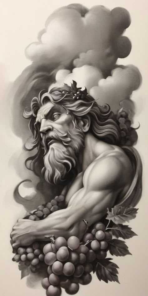 God Of Wine Tattoo, Dionysus Tattoo, Wine Tattoo, Sketch Tattoo, Tattoo Sketches, Black And Grey, Tattoos, Drawings, Black