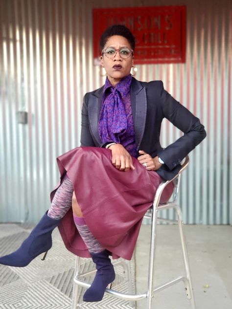 Navy blazer, Boden burgundy leather skirt, Neo Bantu bow neck blouse, Stuart Weitzman sock Booties, socks, Zelool glasses Burgundy Leather Skirt Outfit, Sabra Johnson, Burgundy Leather Skirt, Empire Larp, Bow Neck Blouse, Colourful Clothes, Leather Clothes, Leather Skirt Outfit, Navy Coat