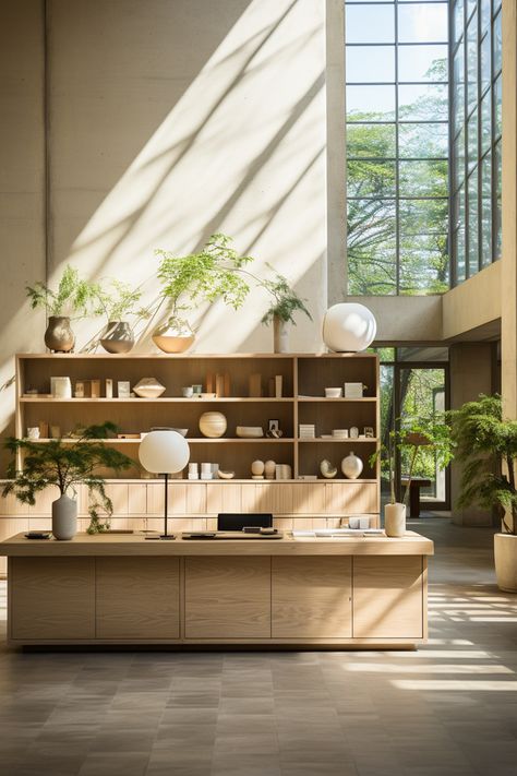 Japanese Reception Desk, Coworking Space Design, Earthy Vibes, Reception Desk Design, Stylish Desk, Tea Bar, Reception Area, Workspace Inspiration, Natural Lighting