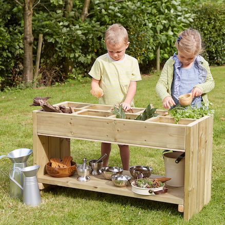 Collect, sort, transfer and mix natural materials in this sturdy, wooden unit. Potion Station, Wooden Unit, Sensory Playground, Outdoor Maths, Paint Color Guide, Plant Herbs, Outdoor Play Space, Nature Explorer, Fiber Optic Lighting