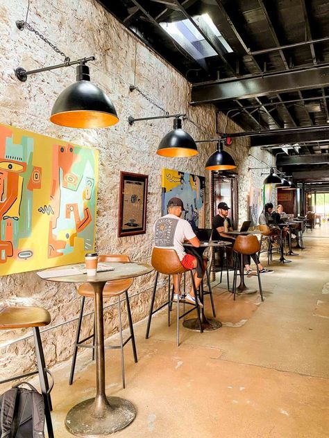 50 Best Austin Coffee Shops You Should Try - So Much Life Bars In Kitchen, Industrial Coffee Shop, Kitchen Coffee Bar, Modern Coffee Shop, Coffee Bar Station, Gallery Cafe, Fancy Shop, Coffee Lab, Bar Station