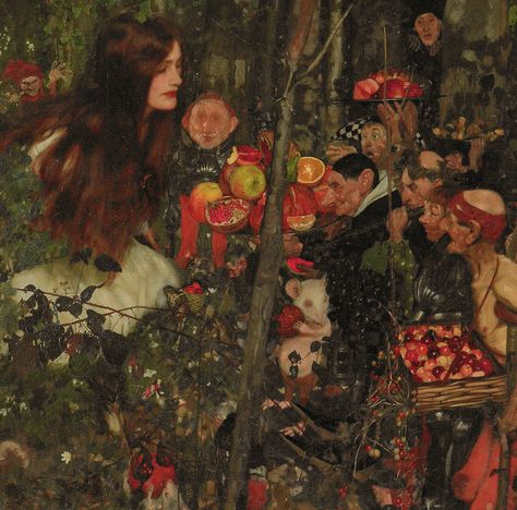 Frank Craig (1874-1918), Goblin Market, 1911, oil on canvas, 106 x 106 cm. Museum of New Zealand Te Papa Tongarewa. - Mysterious Art Century Goblin Market Art, Goblin Market Aesthetic, Frank Craig, Labyrinth Aesthetic, Goblin Market, Pre Raphaelite, Arte Inspo, Classical Art, Memento Mori