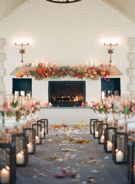 This amazing aisle decor is with candles and lanterns is romantic and perfect for a fall wedding Church Wedding Decorations Aisle, Wedding Walkway, Wedding Aisles, Wedding Fireplace, Fall Ceremony, Fall Wedding Ceremony, Aisle Decorations, How To Dress For A Wedding, Winter Wedding Photos