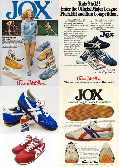 JOX running shoes were all the rage in the mid 70s & early 80s. Their greatest popularity was with us school kids -- we wore them to be "in style" but runners and athletes hated them because they were made like crap. JOX were introduced by Thom McAn, America's largest shoe store chain at the time with over 1,400 locations, and a manufacturer of its own branded footwear with 10 US factories. Eventually JOX faded as Nike Cortez became the "in" sneaker. The last Thom McAn stores closed in 1996. 80s Nike Shoes, 80s Tennis Shoes, 80s Running Shoes, 90s Nike Ads, Thom Mcan Shoes Vintage, Vintage Sneaker Ads, Vintage Shoe Advertisements, Vintage Sports Clothing, Popular Sneakers