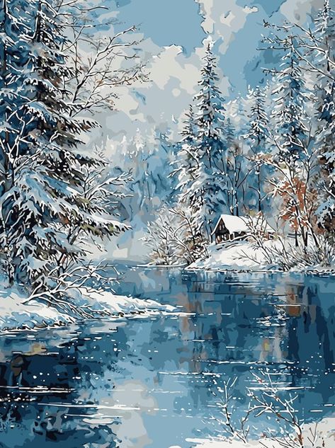 Winter Scenes To Paint, Winter Scenes Wonderland, Adult Paint By Numbers, Winter Scene Paintings, Winter Artwork, Barn Pictures, Winter Lake, Winter Landscape Painting, Snow Forest