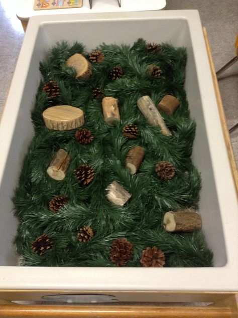 Christmas sensory table! Garland, pine cones, and pieces of wood. Christmas Sensory Table Preschool, Montisory Activity Preschool, Christmas Sensory Play For Babies, Christmas Flisat Table, Christmas Sensory Tray, Christmas Sensory Bin Toddlers, Christmas Sensory Table Ideas, Holiday Sensory Bin, Reggio Christmas Ideas