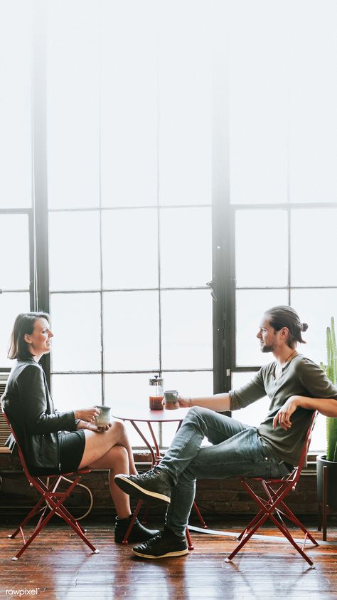 Couple sharing a coffee before off to work | premium image by rawpixel.com / Felix Couple Leather Jacket, Couples Working Together, Friend Dynamic, Working Couple, Rooftop Photos, Date Cafe, Albino Girl, Coffee Shop Photography, Cafe Concept