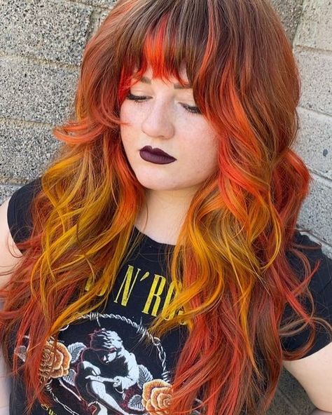 Dark Red To Yellow Hair, Autumn Vivid Hair, Ginger Hair With Colored Streaks, Halloween Hair Color Ideas For Blondes, Queer Hair Color, Red Hair With Blonde Front Pieces, Unnatural Hair Color Ideas, Fall Colored Hair, Orange And Purple Hair