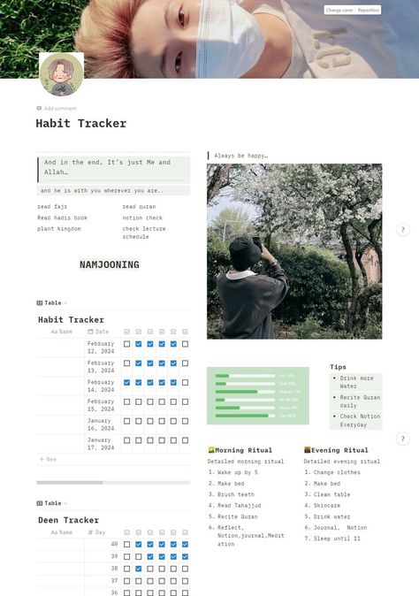 habit tracker for notion Habits Tracker Ideas, Notion Green, Notion Templates For Students, Notion Habit Tracker, Content Strategy Template, Study Planner Free, Free Notion Templates, Notion Board, Notion Ideas