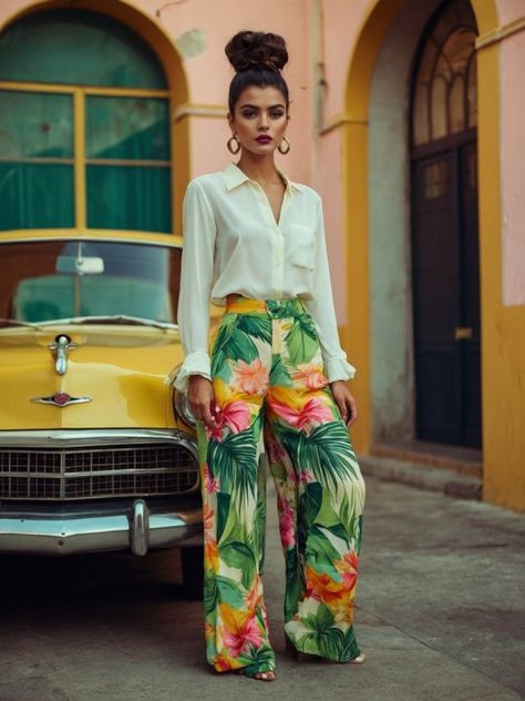 Womens Hawaiian Outfit, Cuban Outfit Havana Nights, Hawaiian Luau Outfit Women, Havana Nights Party Attire Women, Tropical Chic Outfit, Havana Outfit, Carribean Fashion, Tropical Party Outfit, Havana Nights Gala