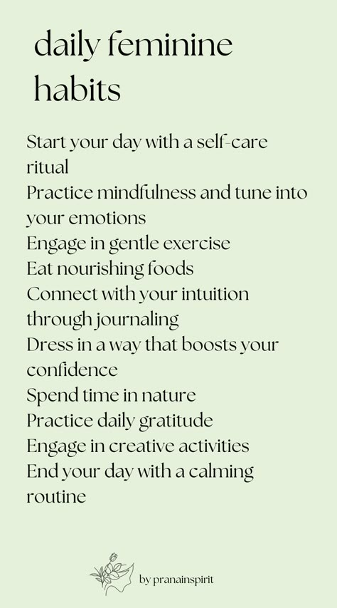 Feminine habits to practice daily. #femininehabits #energyprotection #feminine #lifestyletips #affirmations #feminineaffirmations #femininespirituality #elegance #journaling #mindfulnes #spirituality Divine Feminine Practices, Divine Feminine Routine, Healing The Feminine, Classy Feminine Aesthetic, Feminine Habits, Feminine Mindset, Feminine Fatale, Dark Divine Feminine, Spiritual Habits