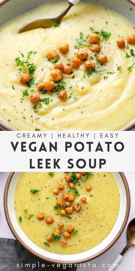 Vegan Potato Leek Soup Crock Pot, Potato Leek Soup Vegan, Vegan Potato And Leek Soup Recipe, Vegan Potato And Leek Soup, Dairy Free Potato Leek Soup, Leek Soup Vegan, Vegan Pureed Soup, Chickpea And Leek Soup, Leak Recipes Vegan