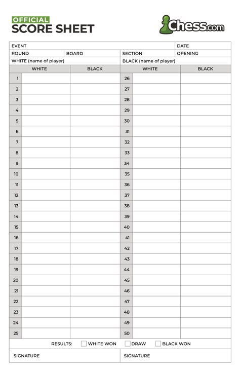 Chess Score Sheet (+ Free PDF Template) - Chess.com Chess Score Sheet, Chess Board Printable, Chess Printables, Chess Journal, Chess Notes, Chess Study, Learning Chess, Chess Basics, Chess Tricks