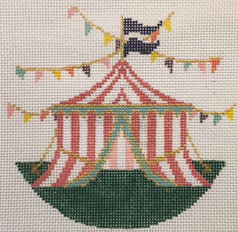 Circus Crafts, Needlepoint Ornaments, Painted Pony, Needlepoint Christmas, Round Canvas, Needlepoint Designs, Top Tents, Big Top, Vintage Cross Stitches