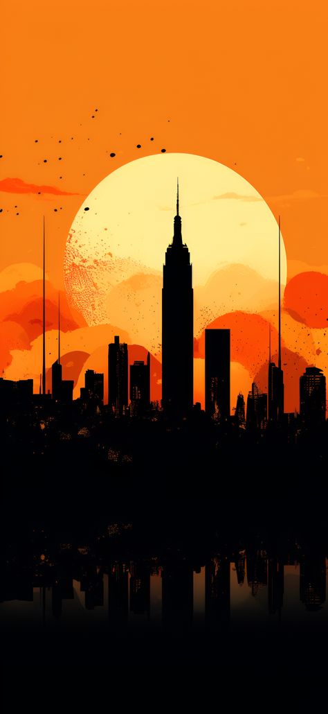 A minimalist aesthetic New York City skyline wallpaper with vivid orange hues, creating a bold and modern backdrop for an iPhone or Android device. New York Orange Aesthetic, Light Orange Wallpaper Iphone, Orange Iphone Background, God Backgrounds, New York City Wallpaper, Aesthetic New York City, Aesthetic New York, Sunset Canvas Painting, Bold Aesthetic