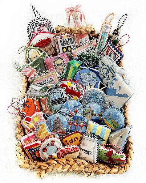 How To Display Needlepoint, Needlepoint Display Ideas, Preppy Cross Stitch, Needlepoint Scissors Case, Finished Needlepoint Projects, Needlepoint Ornaments Christmas, Needlepoint Organization, Needle Point Ornaments, Needlepoint Finishing Ideas