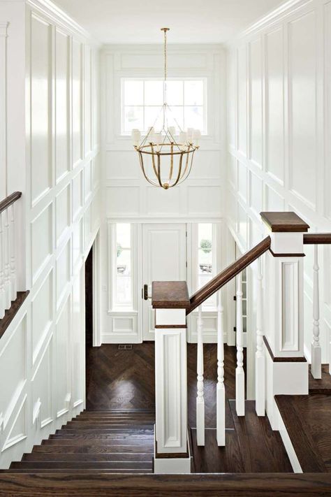 White Wainscoting, Foyer Entrance, Foyer Chandelier, Two Story Foyer, Foyer Lighting, Dark Wood Floors, Foyer Decorating, Entrance Foyer, Foyer Design