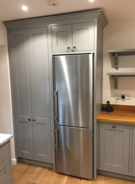 Fridge Next To Pantry Door, Build In Refrigerator Cabinets, Mudroom With Fridge, Fridge Depth Cabinets, Hidden Fridge Built Ins, Full Depth Refrigerator Cabinet, Cabinet Depth Refrigerator, Single Door Fridge, Modern Cottage Kitchen