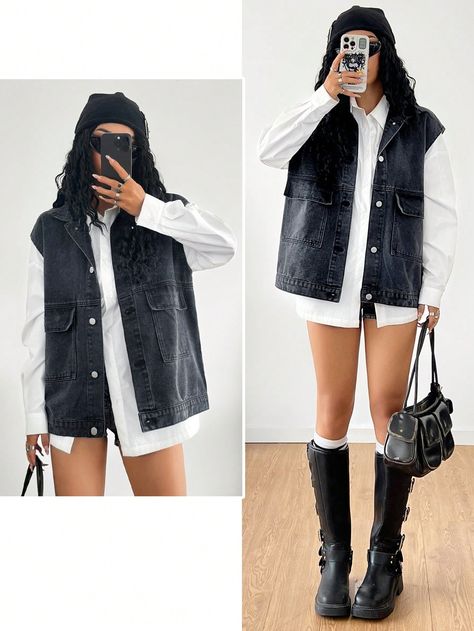 Women's Women's Streetwear Denim Over Size Jacket Black Casual  Sleeveless Denim Plain vest Non-Stretch  Women Clothing, size features are:Bust: ,Length: ,Sleeve Length: Oversize Denim Vest Outfit, Sleeveless Denim Jacket Outfit Women, All Black Denim Outfit, Jean Coat Style Women, Sleeveless Denim Jacket Outfit, Oversized Jean Jacket Outfit, Black Denim Outfit, Fall Vest Outfits, Jean Vest Outfits