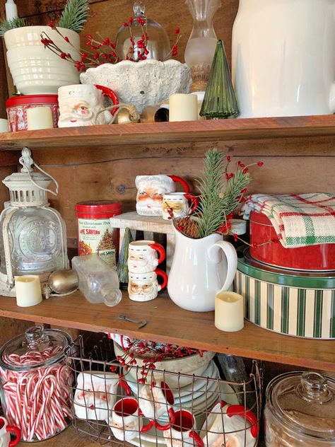 Hutch Decorated For Christmas, Farmhouse Vintage Christmas Decor, Vintage Christmas Shelf Decor, Christmas Hutch Display, Hutch Christmas Decorating Ideas, Christmas Hutch Decorating Ideas, Christmas Hutch Decor, Coffee Buffet, Cozy Vintage Christmas