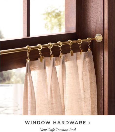 Window Hardware Pantry Window Covering, Gold Cafe Curtain Rod, Cafe Curtain With Drapes, Kitchen Sink Cafe Curtains, Roll Down Curtains, Pantry Cafe Curtain, Curtains Historic Home, Brass Tension Curtain Rod, Unlaquered Brass Curtain Rod