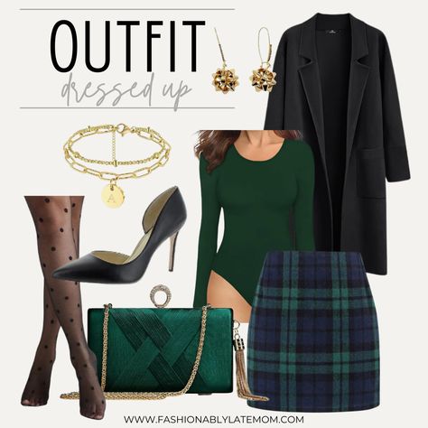 Check out this photo from fashionablylatemomblog Old Money Christmas Outfit Aesthetic, Dark Green Christmas Outfit, Plaid Christmas Outfit Family, Amazon Christmas Outfits Women, Christmas Green Outfit, Amazon Holiday Outfit, Green Plaid Skirt Outfit, Green Plaid Outfit, Plaid Vest Outfit